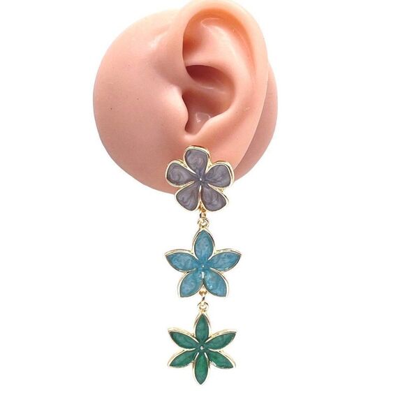 Long Yellow Gold with Oil Drip Flower Trio Post Back Dangling Earrings - Picture 6 of 6